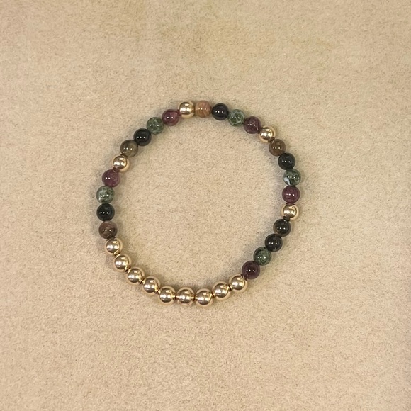 Watermelon Tourmaline Gold Filled Gemstone Set of 3 Stretch Stacking Bracelet - Picture 7 of 13